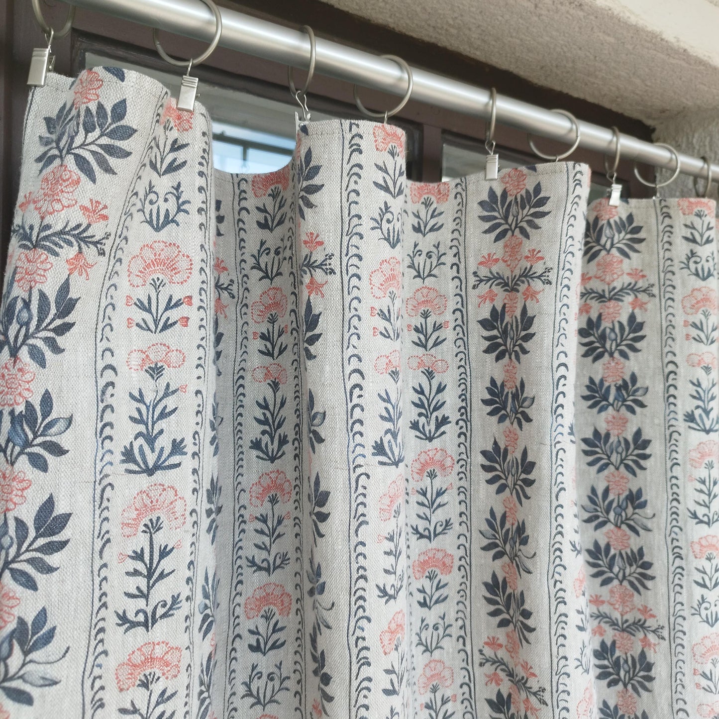 Curtains 100% Linen blue striped french print floral PREWASHED. kitchen Living room farmhouse curtains. Bedroom floral linen window panel