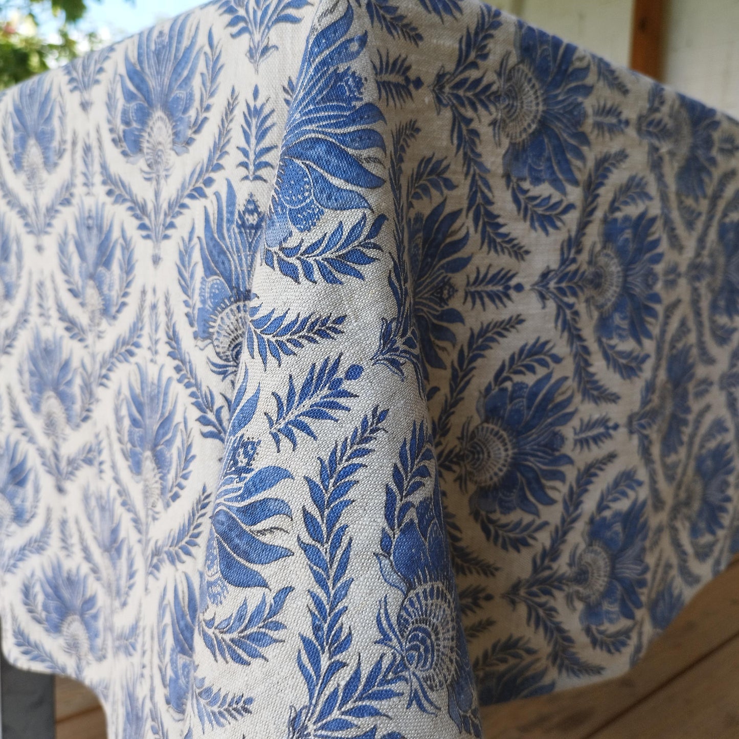 French tablecloth with Blue print, French Retro Vintage table cloth Bohemian Blue on natural linen with floral block stamp