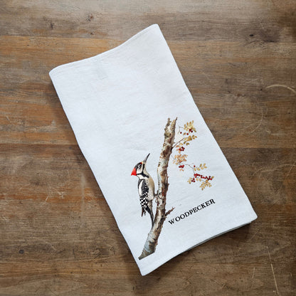 woodpecker bird linen kitchen tea hand towel