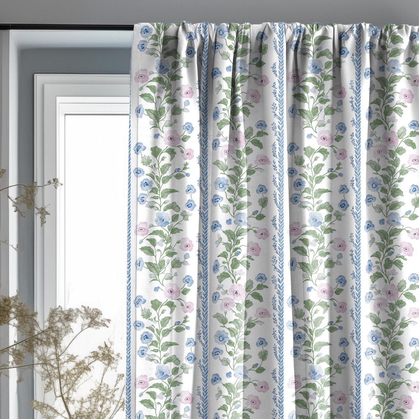 Curtains 100% Linen with floral stripe preppy pink green white print PREWASHED - kitchen Living room farmhouse linen window panel heritage