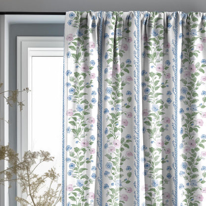 Curtains 100% Linen with floral stripe preppy pink green white print PREWASHED - kitchen Living room farmhouse linen window panel heritage
