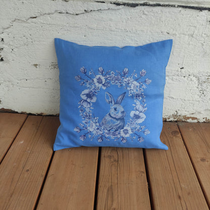 SALE LINEN Cushion cover in blue wreath with  rabbit , decorative linen pillow cover 40%OFF cushion
