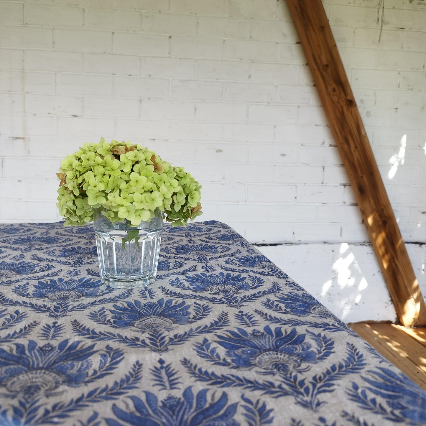 French tablecloth with Blue print, French Retro Vintage table cloth Bohemian Blue on natural linen with floral block stamp