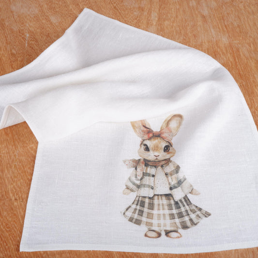 Bunny Tea Towel in linen - baby rabbit Hand Towels Tea - Farmhouse Floral Dish Towel - Kitchen Décor Easter Kitchen Tea Towel