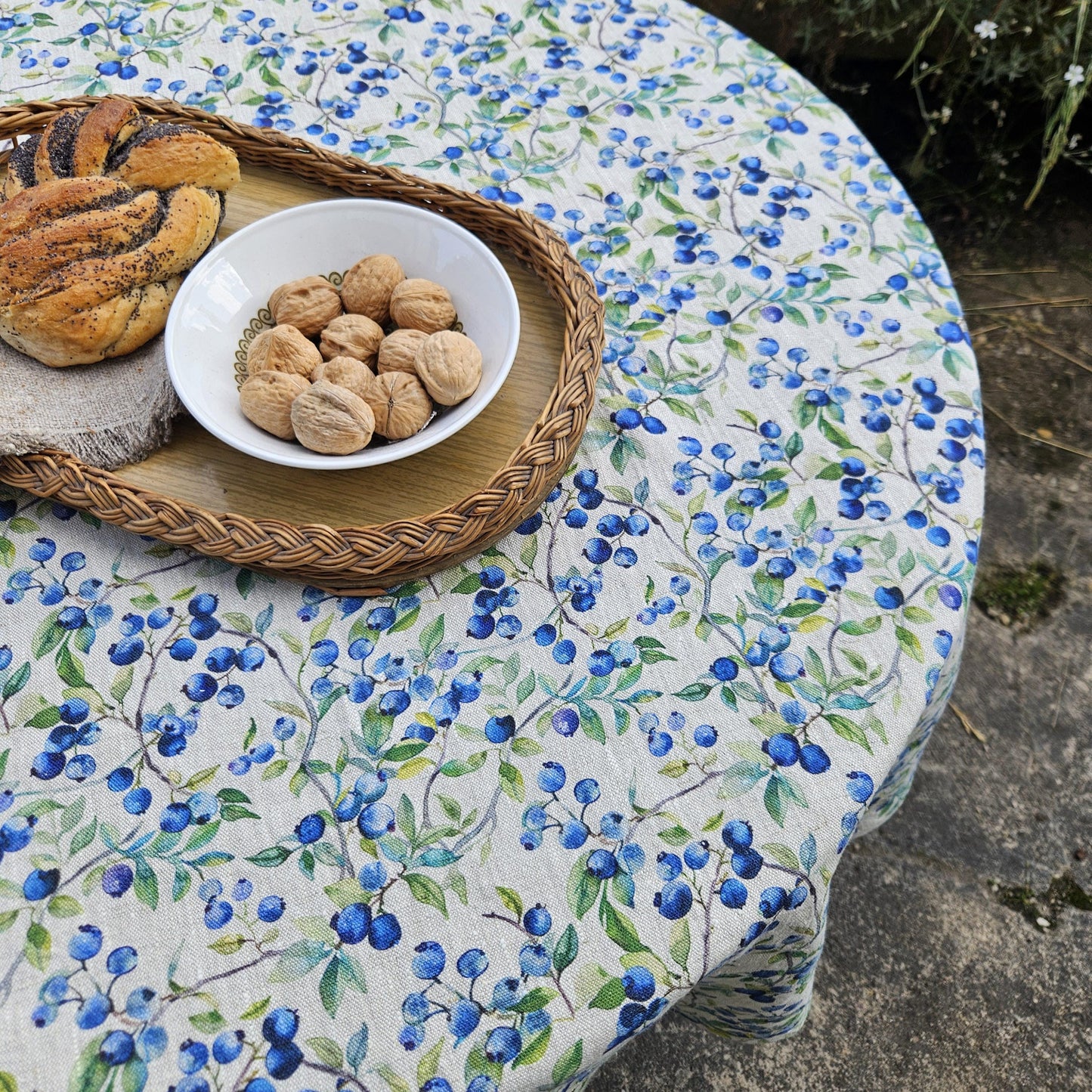 Linen foral tablecloth with blueberry print - floral tablecloth  arts and crafts movement tablecloth Victorian style