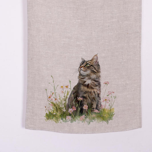 Cat in meadow Towel in linen - blue white block print Hand Tea towels - Farmhouse Floral Dish Décor Kitchen Towel with brids on trees