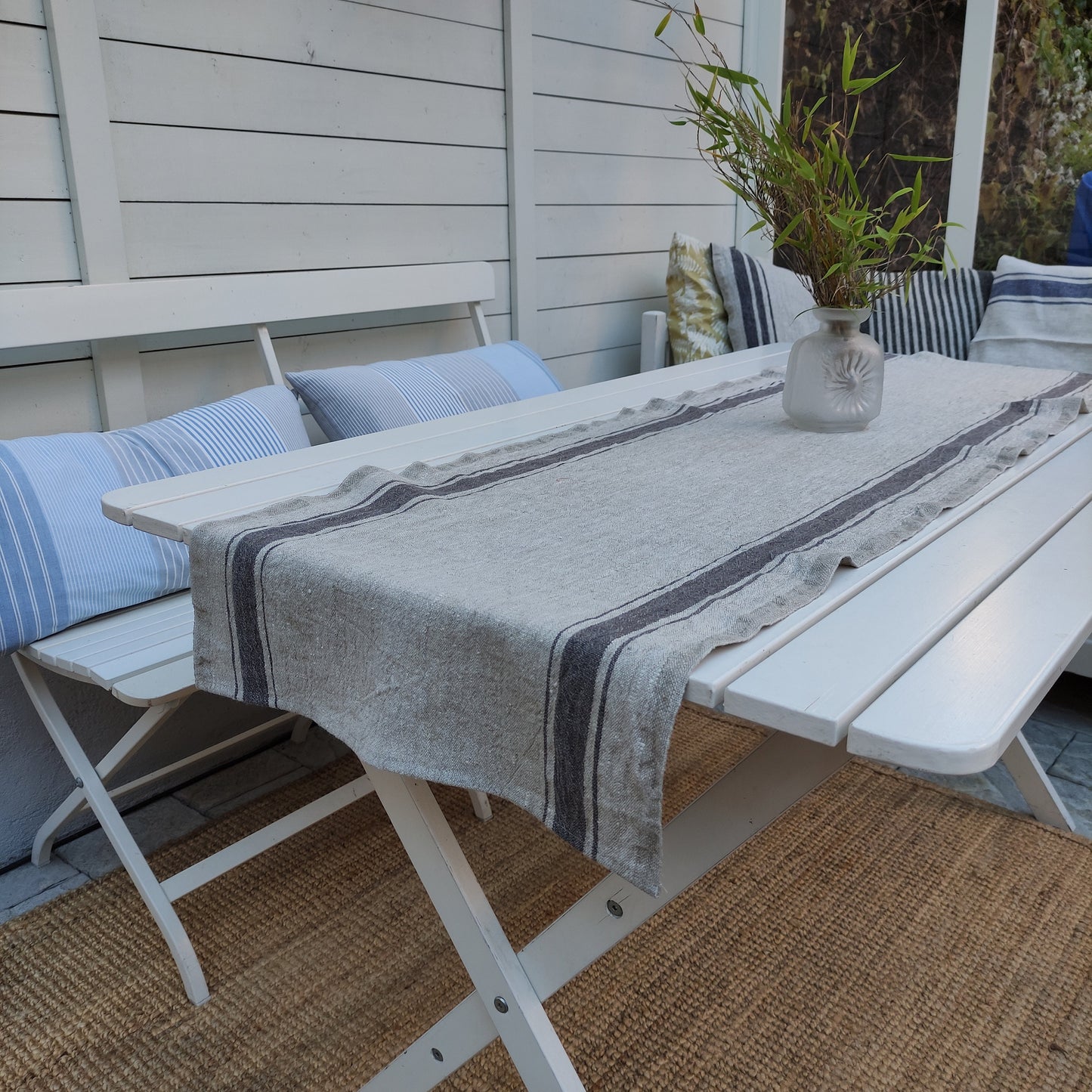 Linen runner - french sack linen - Grey black striped Rustic linen Cottage farmhouse country style linen -Stonewashed 100% linen rustic