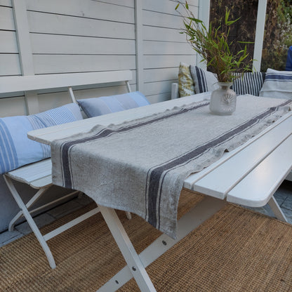 Linen runner - french sack linen - Grey black striped Rustic linen Cottage farmhouse country style linen -Stonewashed 100% linen rustic