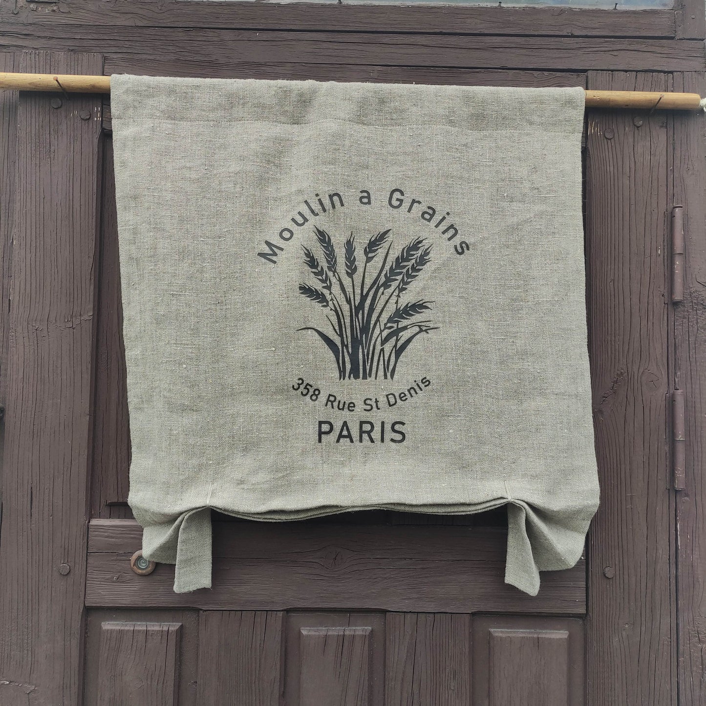 natural French Door Valance 1 Panel with Moulin a Grains stamp, white curtain panels for door window in linen