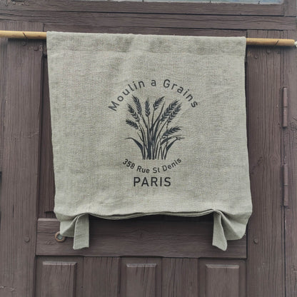 natural French Door Valance 1 Panel with Moulin a Grains stamp, white curtain panels for door window in linen