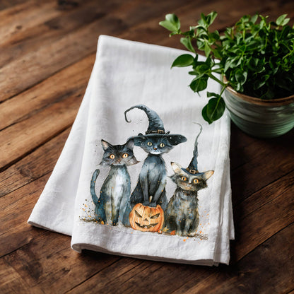 Halloween Tea Towel in linen, Pumpkins Hand Towels Tea in linen, cats linen  Dish Towel, witch hat Kitchen Décor Tea Towel in linen
