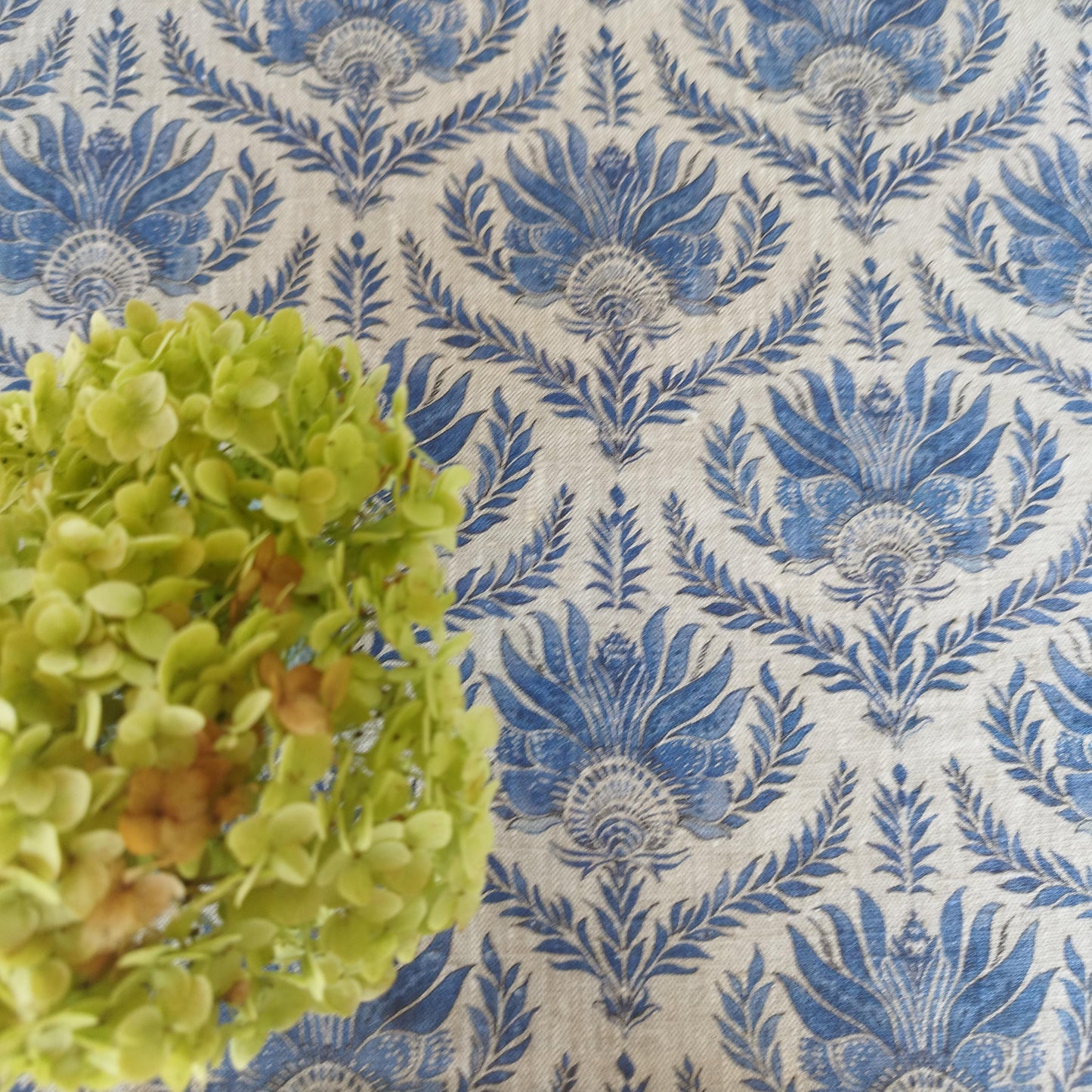 French placemat or tablecloth with Blue print -  French Retro Vintage table cloth Bohemian Blue on natural linen with floral block stamp