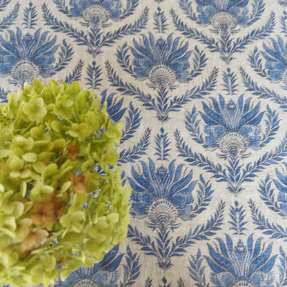 French placemat or tablecloth with Blue print -  French Retro Vintage table cloth Bohemian Blue on natural linen with floral block stamp