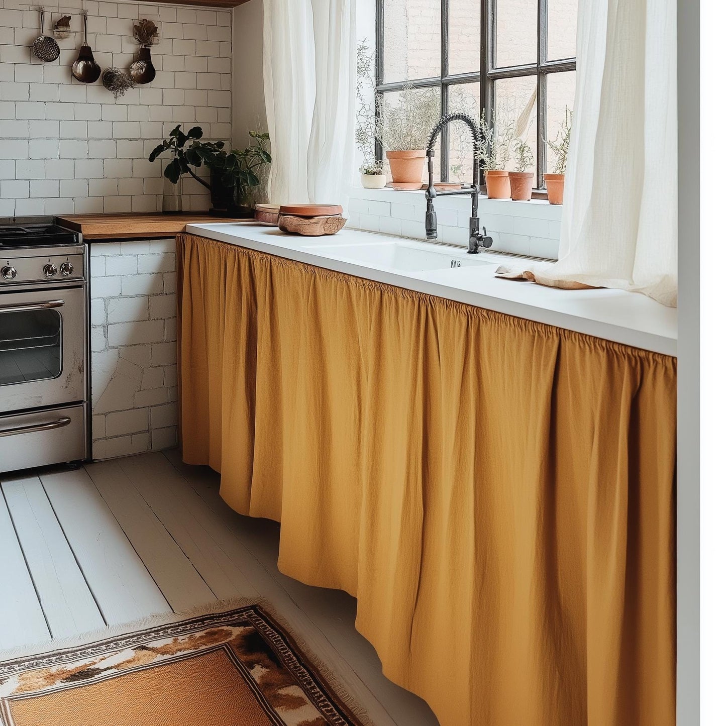 Linen Valance natural Farmhouse Pure linen window treatment - Living room Cafe Kitchen window panel -  farmhouse sink curtains in mustard