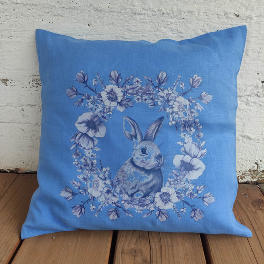 SALE LINEN Cushion cover in blue wreath with  rabbit , decorative linen pillow cover 40%OFF cushion