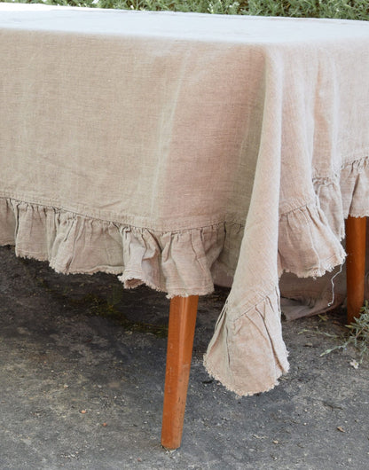 100% Linen tablecloth with RUFFLES PREWASHED white natural French table cloth rustic rectangle square oval country style