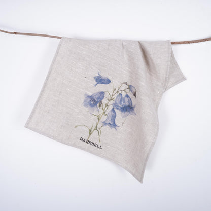 Harebell Tea Towel in linen, floral Hand Towels Tea, botanical Floral Dish Towel, purple flower Kitchen Décor Tea Towel