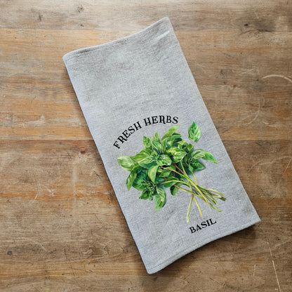 Basil Floral Tea Towel in linen - Hand Towels Tea - Farmhouse Floral Dish Towel - greenery frech herbs Kitchen Décor