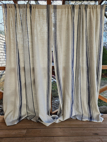 Curtains 100% Linen striped PREWASHED, window panel kitchen Living room farmhouse curtains. Grain Sack flax Bedroom indigo navy blue striped