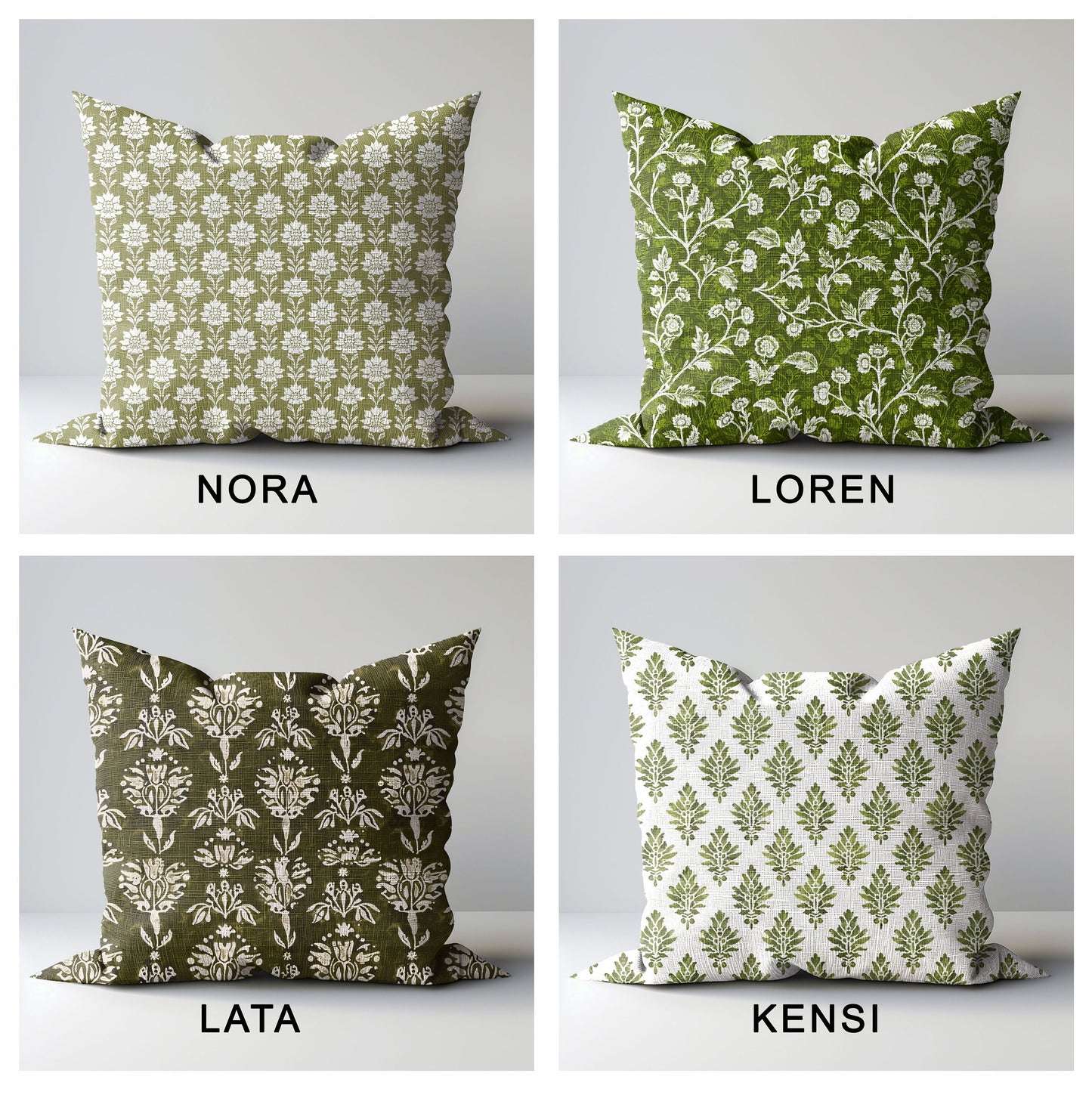 Designer Olive Green Floral on Linen Pillow Cover, Dark Green Boho Pillow, Farmhouse Floral Block printed pillow