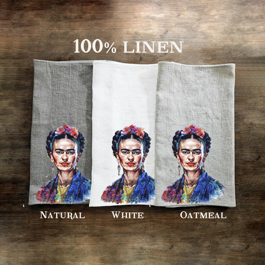 Frida Kahlo Tea Towel in linen, Botanical Hand Towels Tea in linen, artistic linen Dish Towel  Kitchen Décor Tea Towel in linen