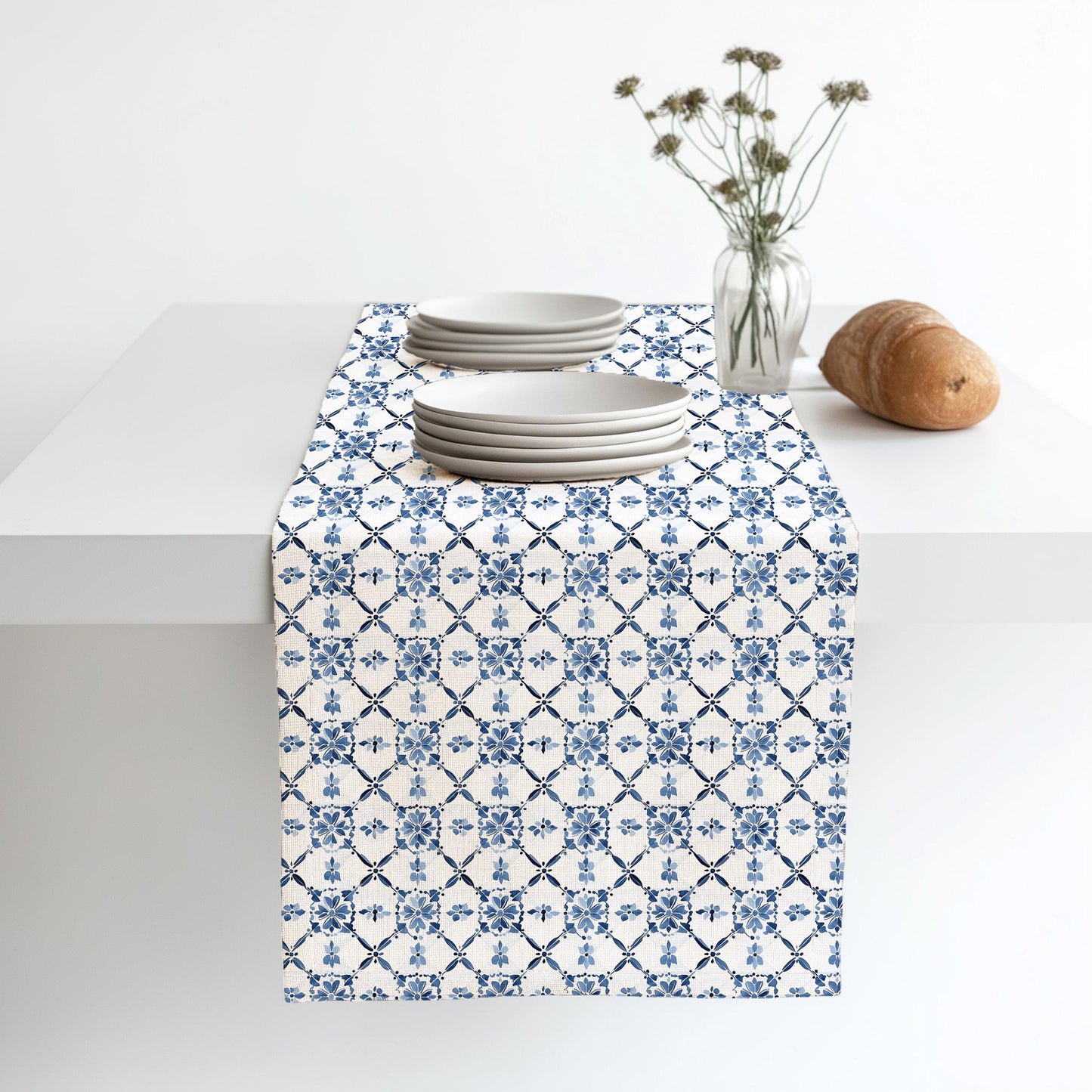 Coastal Linen runner - Swedish tile block print natural linen - indigo blue Rustic linen Marine Cottage farmhouse country style