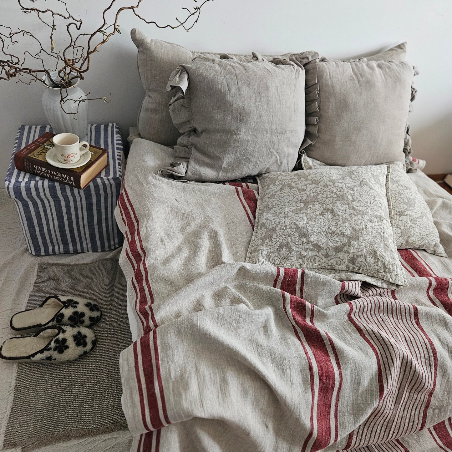 French linen Blanket, flax Bedspread - heavy weight huckaback linen bed cover - provence cottage coutrystyle Throw 100% Linen