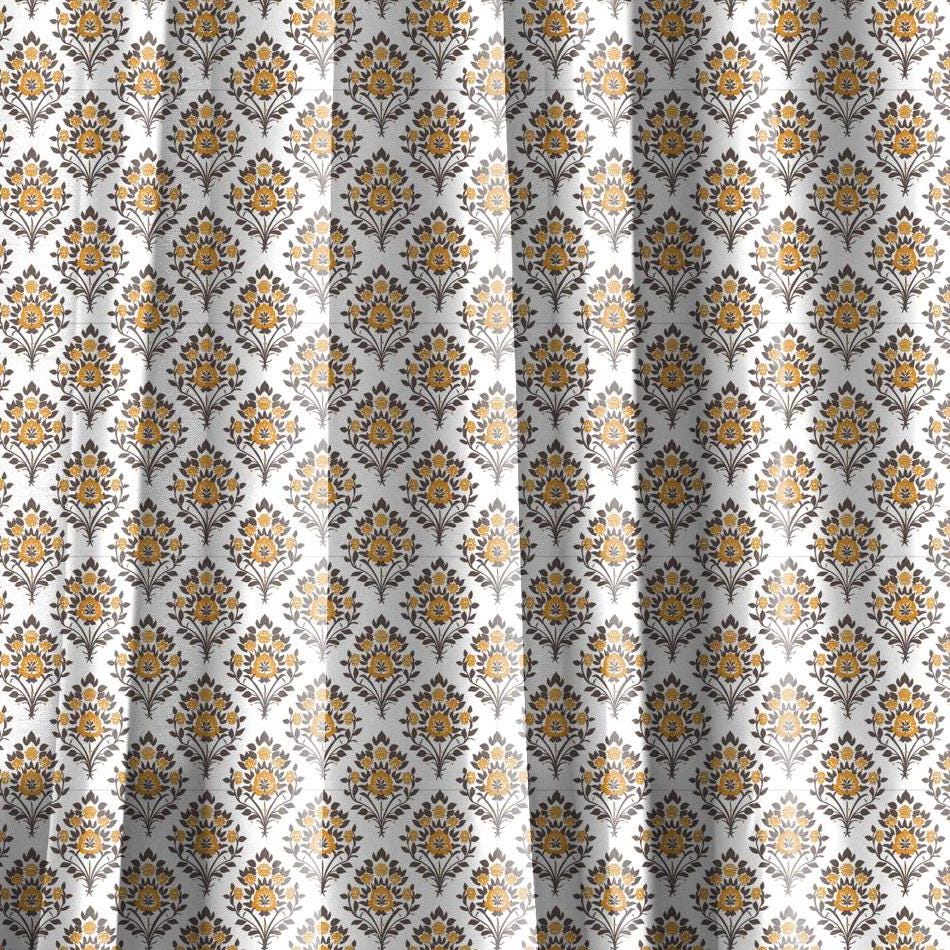 Modern vintage Curtains 100% Linen with botanical block print in green on white linen - kitchen Living room farmhouse linen window panel