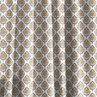 Modern vintage Curtains 100% Linen with botanical block print in green on white linen - kitchen Living room farmhouse linen window panel