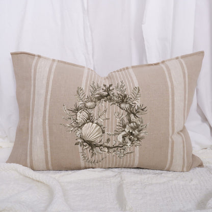 Vintage Pillow with print, Antique Pillow, Grainsack Pillow, Grain sack Pillow Cover with Beige Stripe, Sofa Cushion Cover