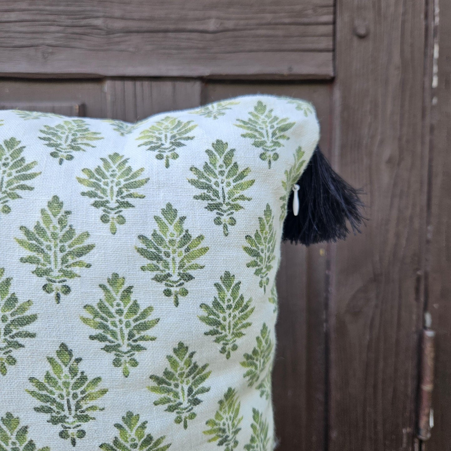 Designer Blovk print Floral on Linen Pillow Cover wiht pompons -  white green Boho Pillow - Farmhouse Floral Block printed pillow on flax