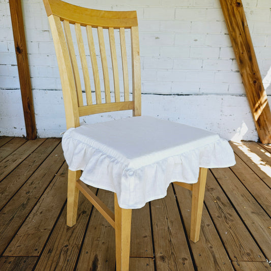 Dining Chair Cover in linen , French Large Linen Chair Seat Covers with 4 sided Ruffle in Natural Flax Color Chair Pad With Ties