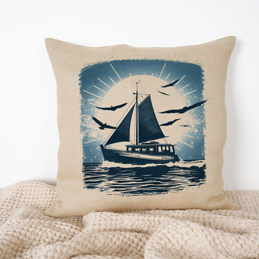 SALE LINEN Cushion cover Nordic folk art, Marine decorative linen pillow cover , Boat Summer marine decor Cushion Housewarming Gift,