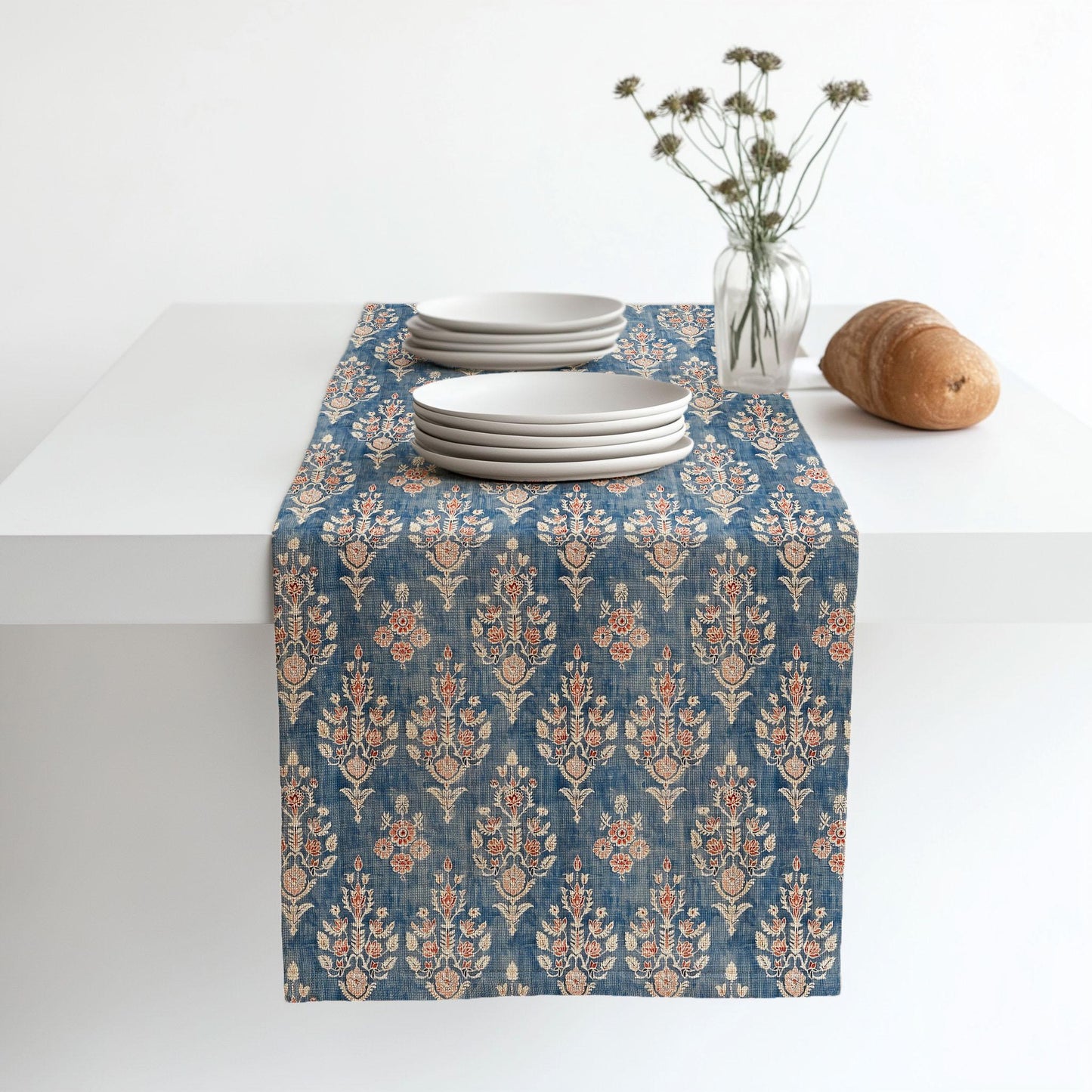 Boho Linen runner - french block print linen hippie vibe - indigo blue Rustic linen Cottage farmhouse country style Stonewashed linen