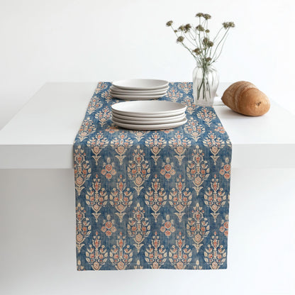 Boho Linen runner - french block print linen hippie vibe - indigo blue Rustic linen Cottage farmhouse country style Stonewashed linen