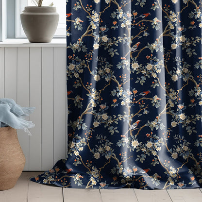Linen floral Curtain Panels with toile de jouy print, Curtains for living room or bedroom in orange yellow, coutry house style curtains