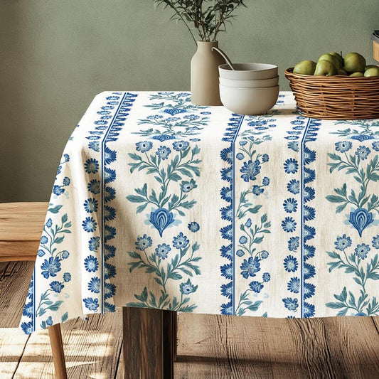 100% Linen  Floral Stripe tablecloth -  Americana white blue green linen table decor contemporary napkins placemat cottage style