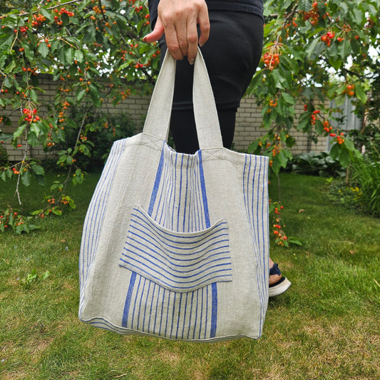 Tote bag in french striped linen, large shopping bag , striped linen bag, shoulder bag, French style linen beach bag, striped summer bag