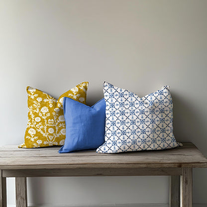 Swedish blue white Linen Pillow Cover -  Scandinavian tiles print on linen  Pillow - Contemporary indigo blue Block printed pillow on flax