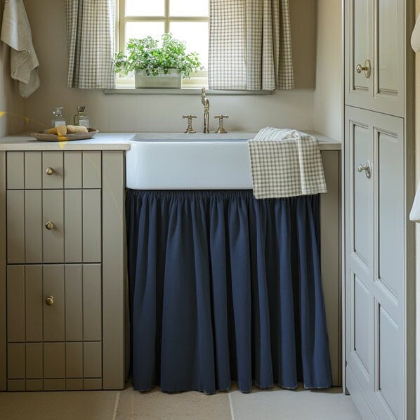 Linen Valance natural Farmhouse Pure linen window treatment - Living room Cafe Kitchen window panel -  farmhouse sink curtains in navy blue