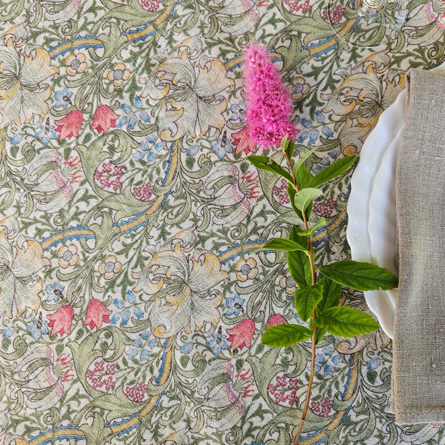 Linen foral tablecloth with birds, william Morris golden lily tablecloth, arts and crafts movement tablecloth Victorian style golden lilly