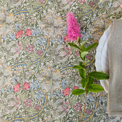 Linen foral tablecloth with birds, william Morris golden lily tablecloth, arts and crafts movement tablecloth Victorian style golden lilly