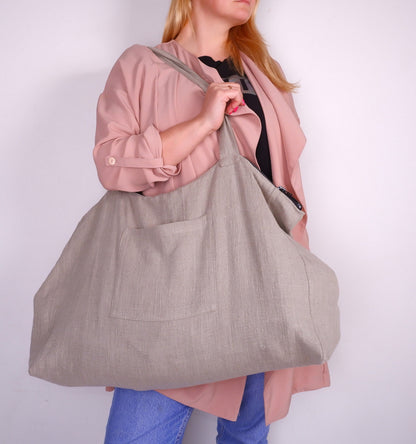 ZIPPER French style linen beach bag  - Oversized linen bag with zipper closure - linen beach bag with pockets  - large linen tote bag