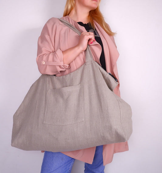 ZIPPER French style linen beach bag  - Oversized linen bag with zipper closure - linen beach bag with pockets  - large linen tote bag