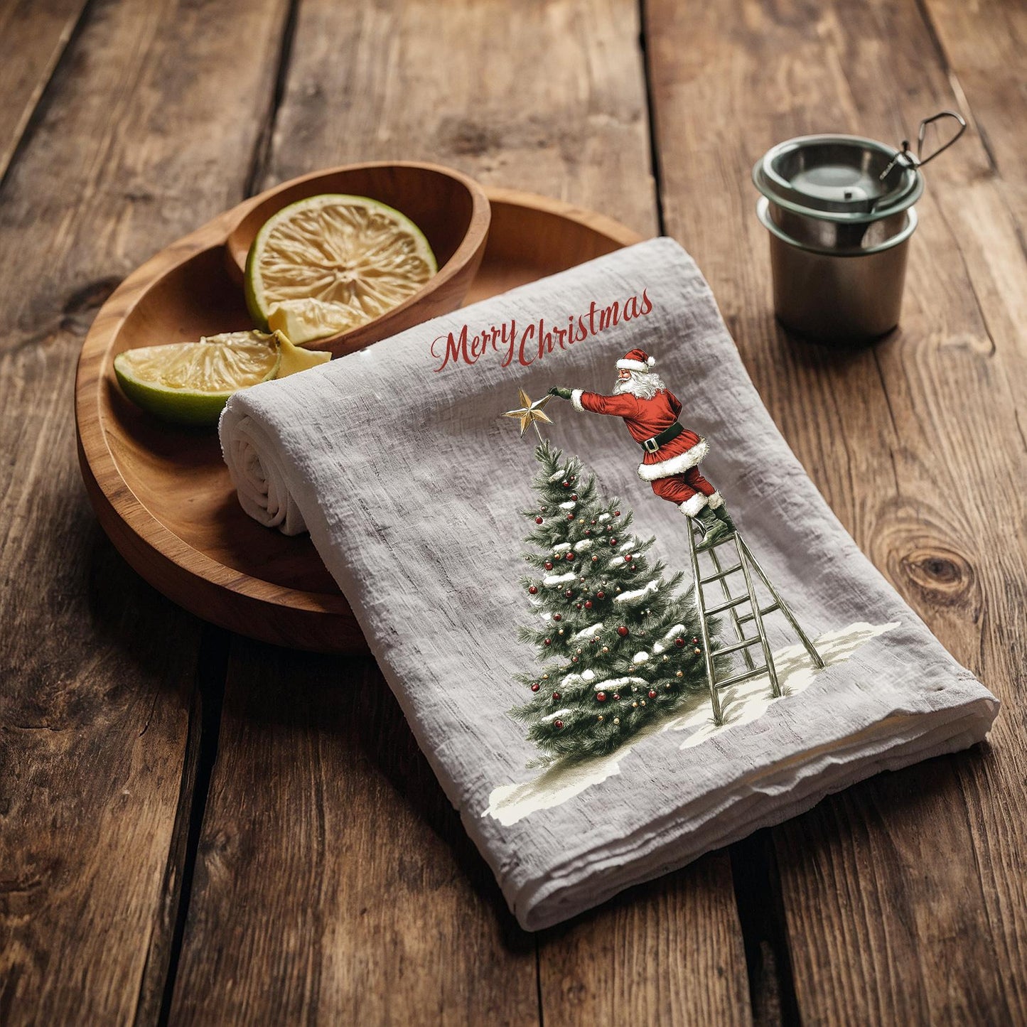 Christmas Tree Tea Towel in linen, Santa Claus Hand Towels Tea in linen Dish Holiday Kitchen Feliz Navidad Frohe Weinachten Merry Christmas