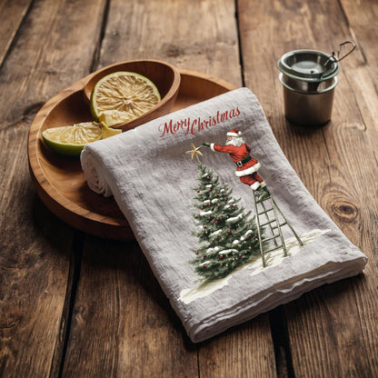 Christmas Tree Tea Towel in linen, Santa Claus Hand Towels Tea in linen Dish Holiday Kitchen Feliz Navidad Frohe Weinachten Merry Christmas