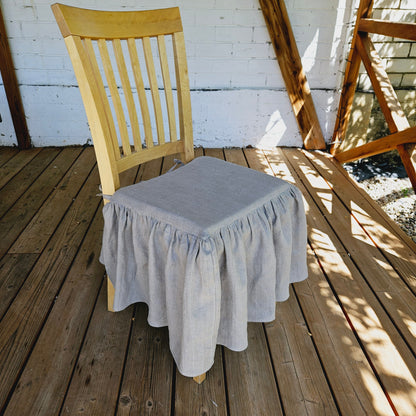 Dining Chair Cover in linen , French Large Linen Chair Seat Covers with 4 sided Ruffle in Natural Flax Color Chair Pad With Ties