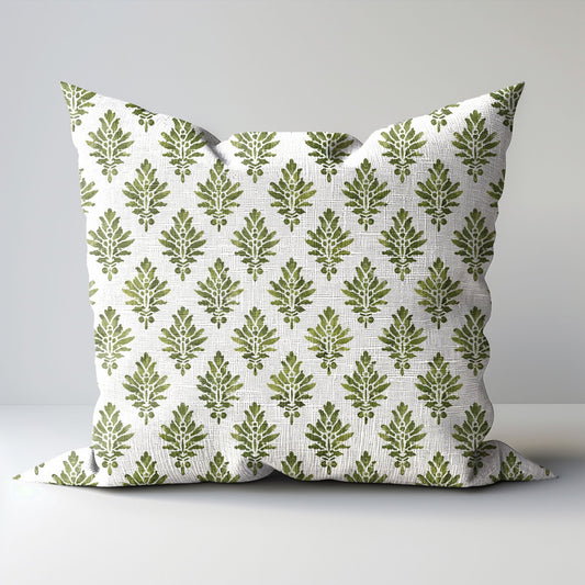 Designer Olive Green Floral on Linen Pillow Cover, Dark Green Boho Pillow, Farmhouse Floral Block printed pillow
