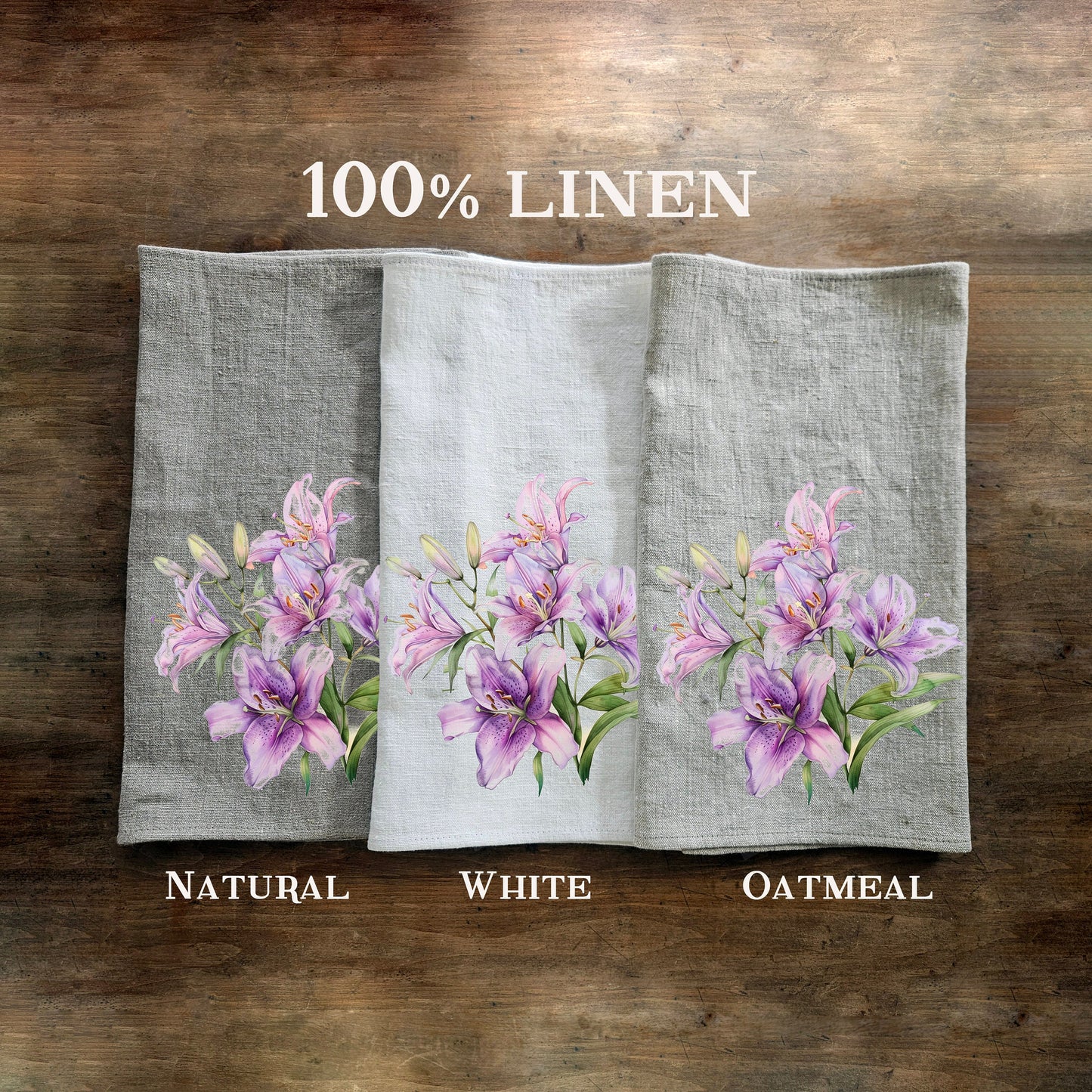 Lilac lilies floral Tea Towel in linen, Botanical purple Hand Towels Tea, Farmhouse lilies Dish Towel,  Kitchen Décor Tea Towel