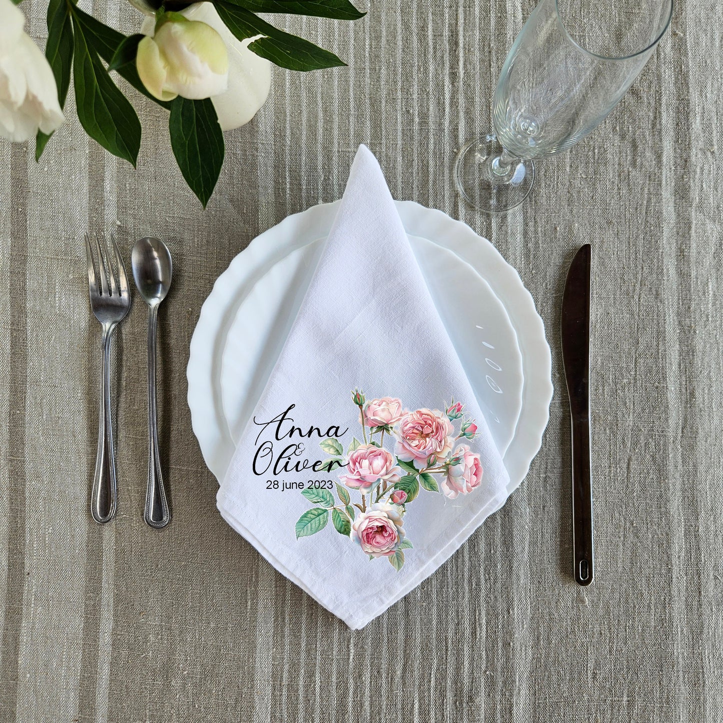 Custom Design White Cloth Cocktail Napkins, luxury weddings menu napkins in linen, Custom Names Napkins